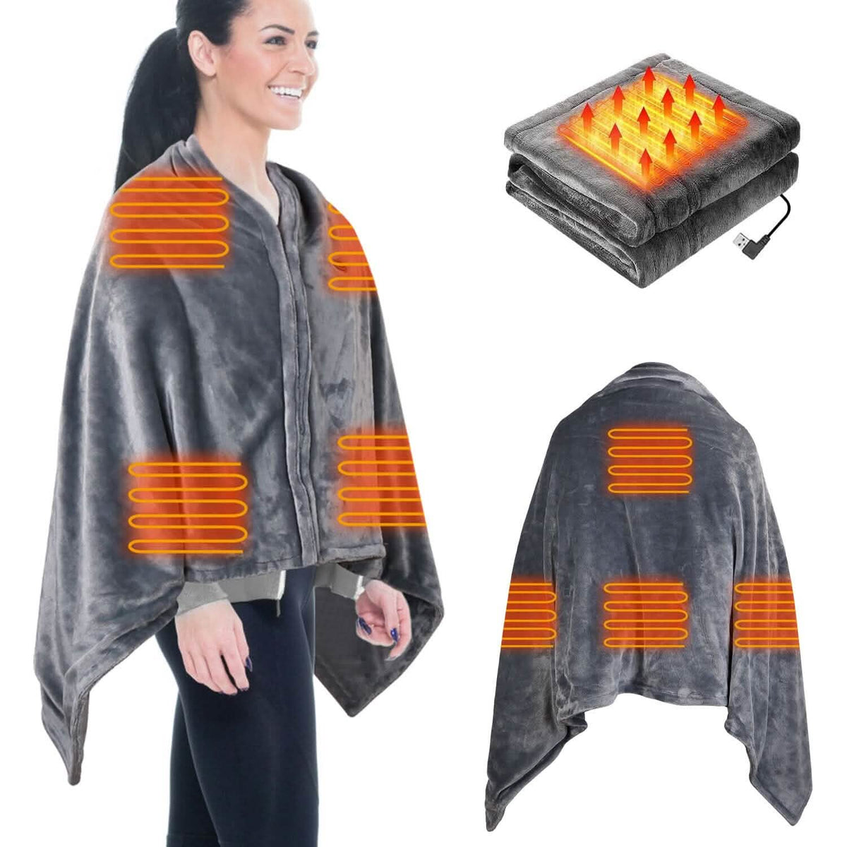 USB heated poncho wrap with zip front