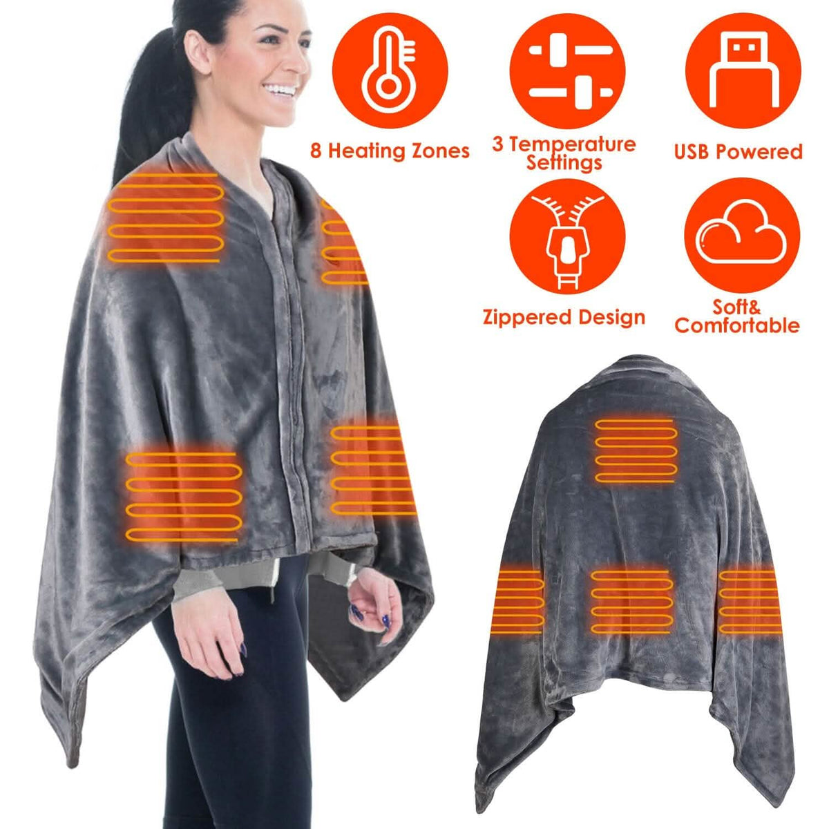 Zip-front heated poncho that keeps your arms free